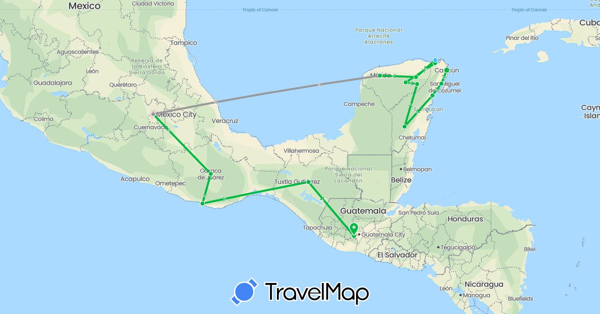 TravelMap itinerary: driving, bus, plane, boat in Guatemala, Mexico (North America)